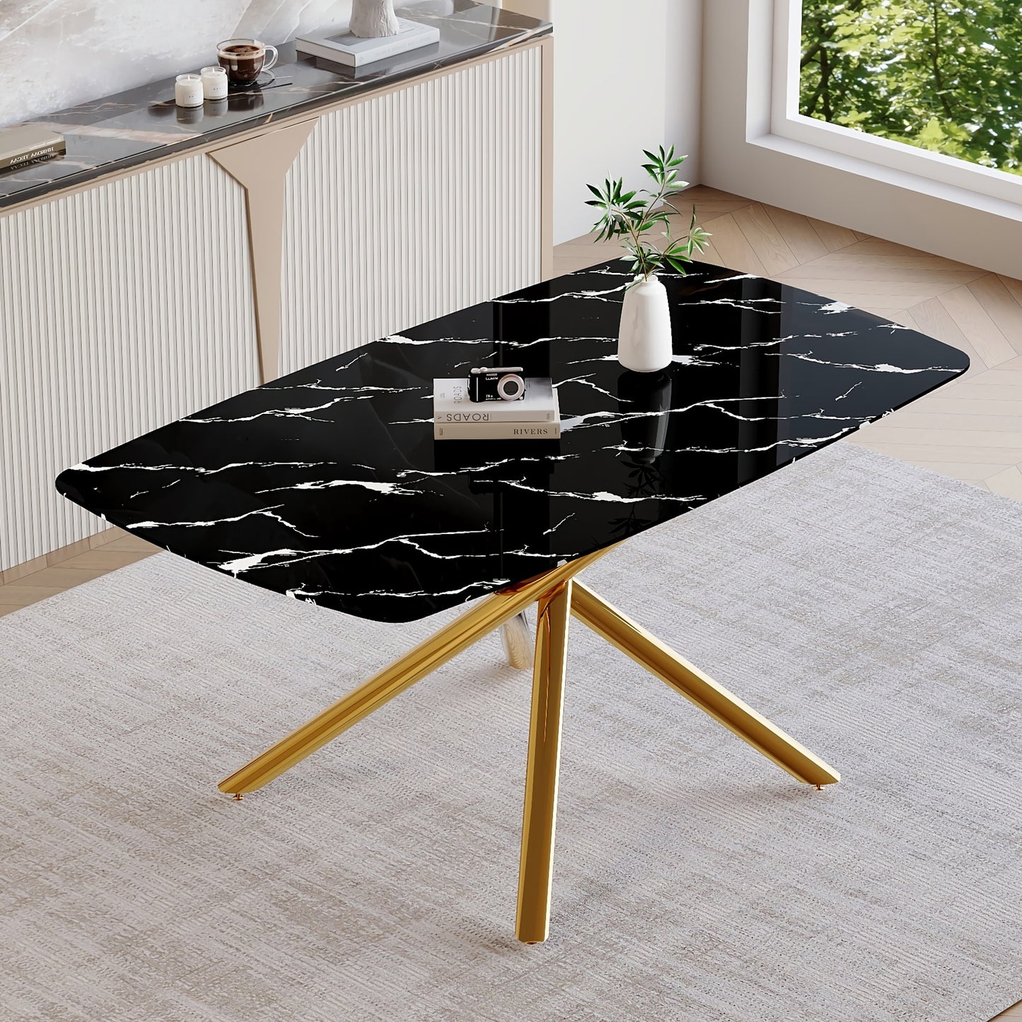 63" Luxurious Black Marble-Patterned Tempered Glass Dining Table.single Fork Golden Metal Table Legs.tempered Glass Table Top - Black & Gold - primary color shot