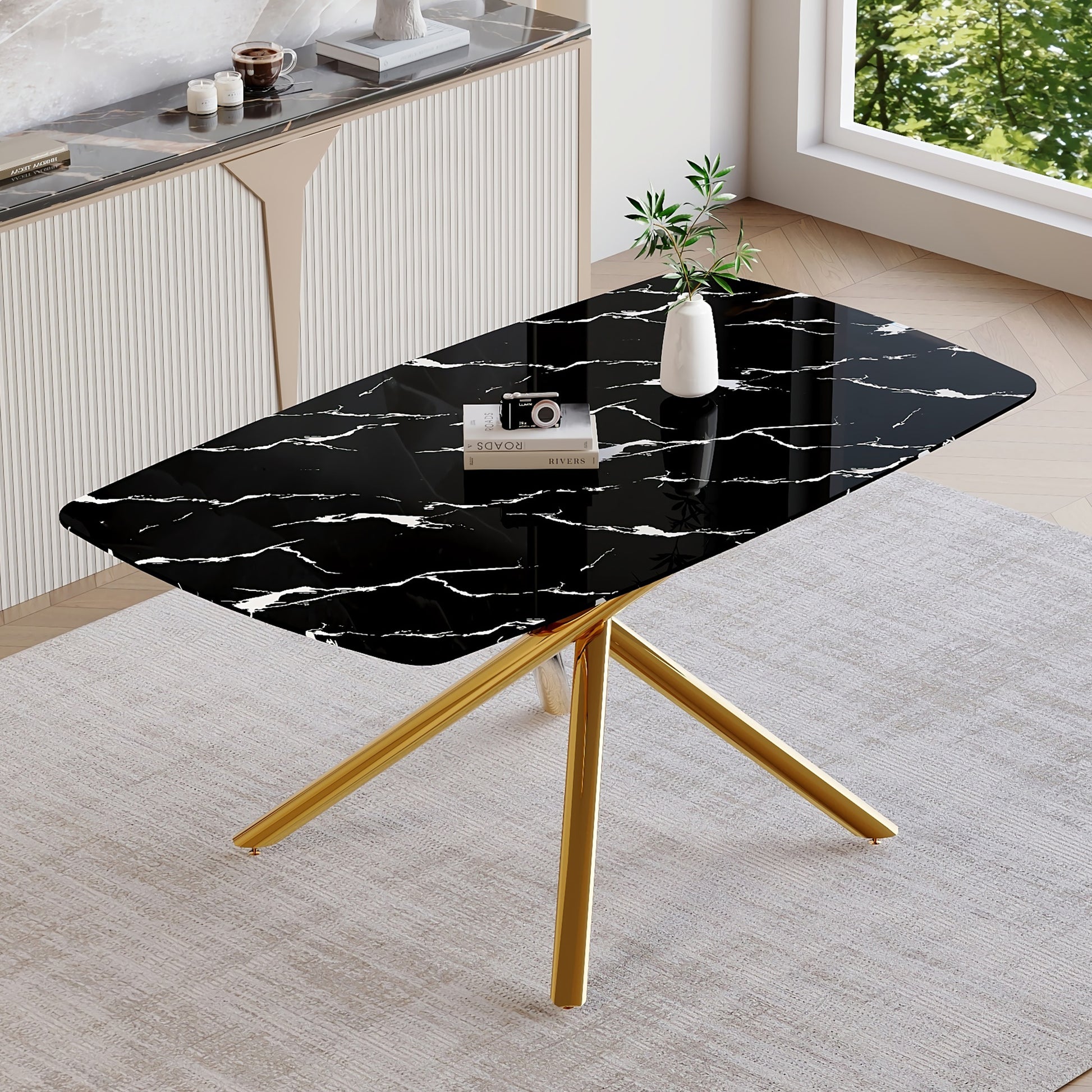 63" Luxurious Black Marble-Patterned Tempered Glass Dining Table.single Fork Golden Metal Table Legs.tempered Glass Table Top - Black & Gold - primary color shot