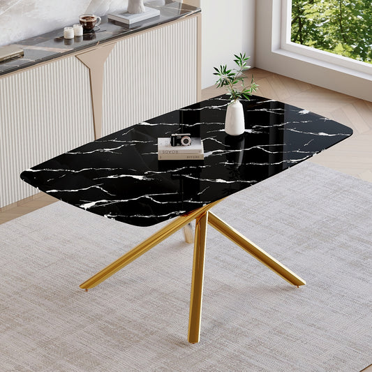 63" Luxurious Black Marble-Patterned Tempered Glass Dining Table.single Fork Golden Metal Table Legs.tempered Glass Table Top - Black & Gold - primary color shot