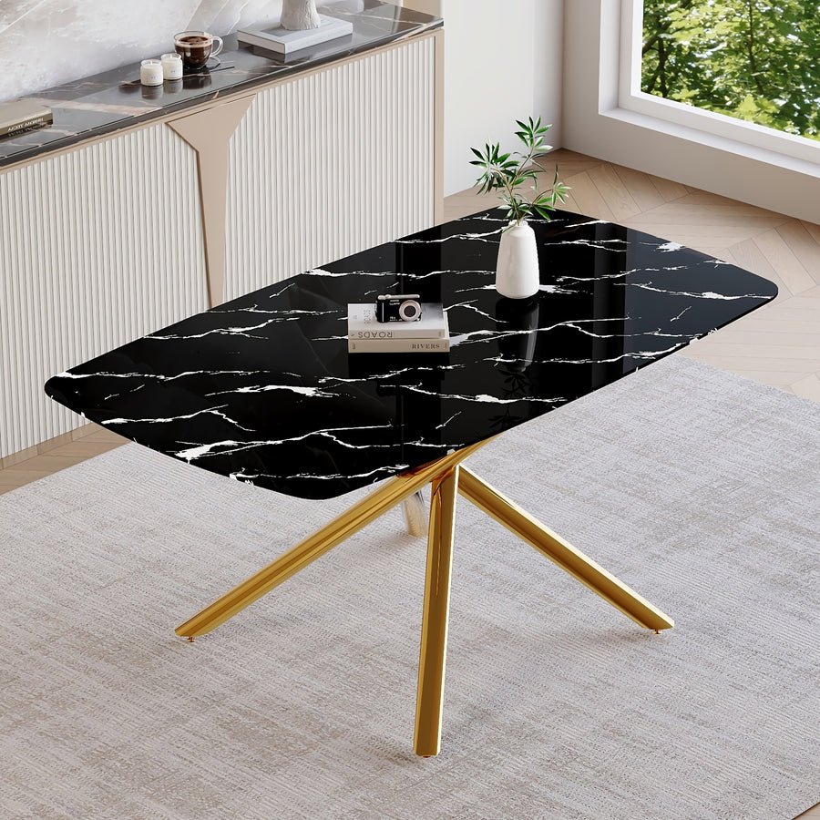 63" Luxurious Black Marble-Patterned Tempered Glass Dining Table.single Fork Golden Metal Table Legs.tempered Glass Table Top - Black & Gold - primary color shot