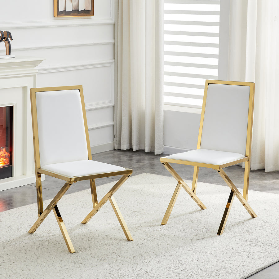 White Upholstered Fabric Steel Frame Dining Chairs with Gold Legs (set of 2) - primary color shot
