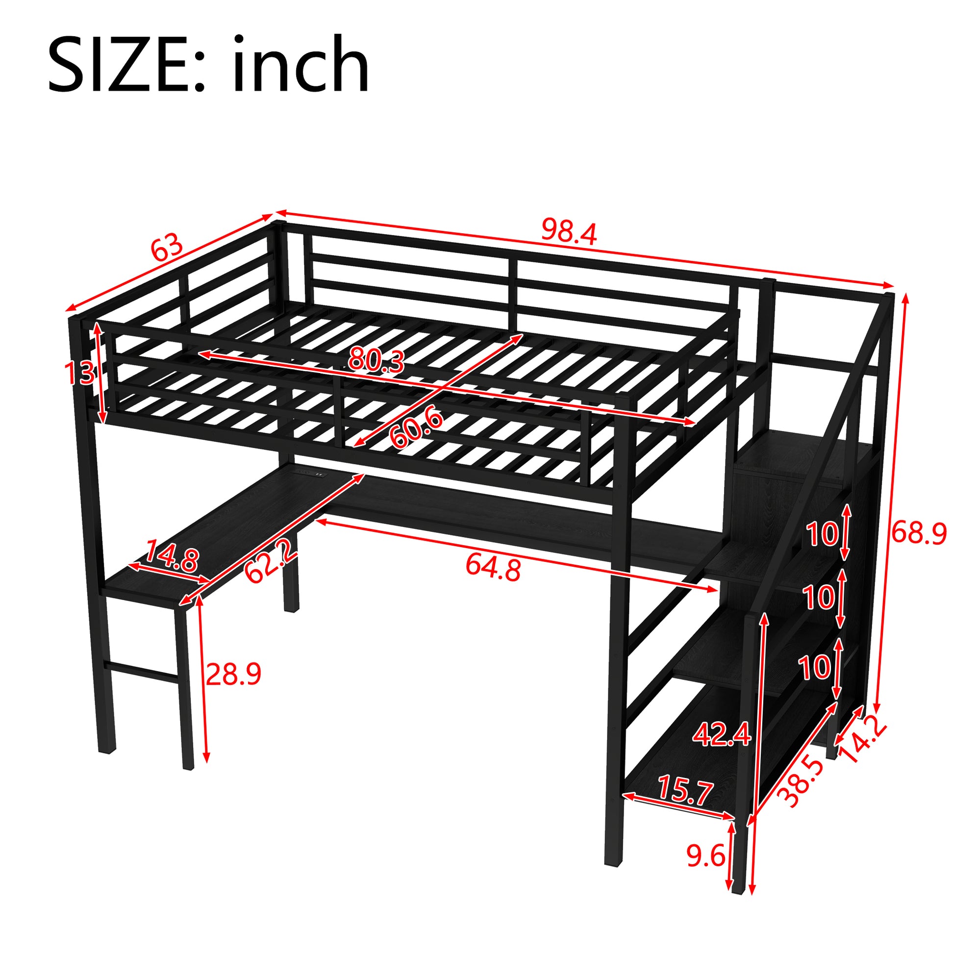 Queen Size Loft Bed with L-Shaped Desk and USB - Black - detail view 4