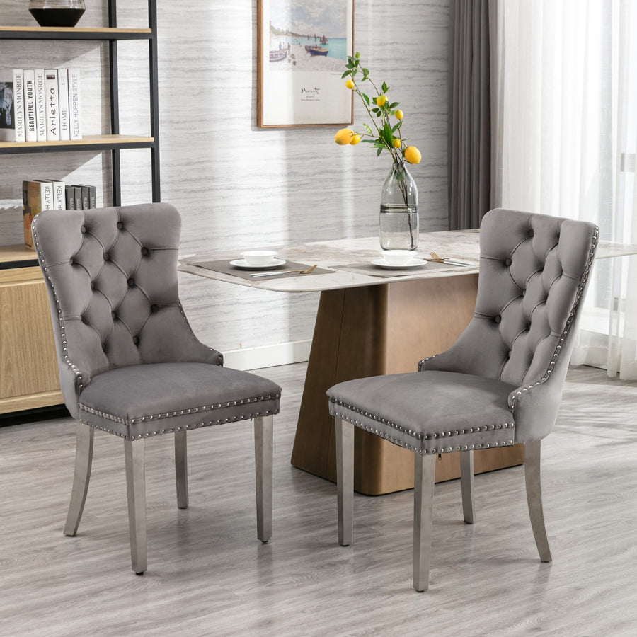 Gray Velvet Tufted Nailhead Trim Dining Chairs with Brushed Silver Legs (Set of 2)