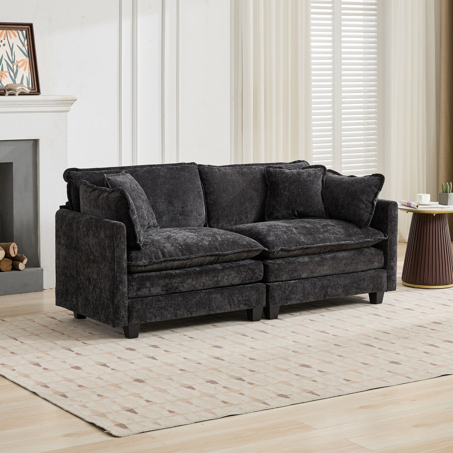 Black Chenille Loveseat with Black Legs