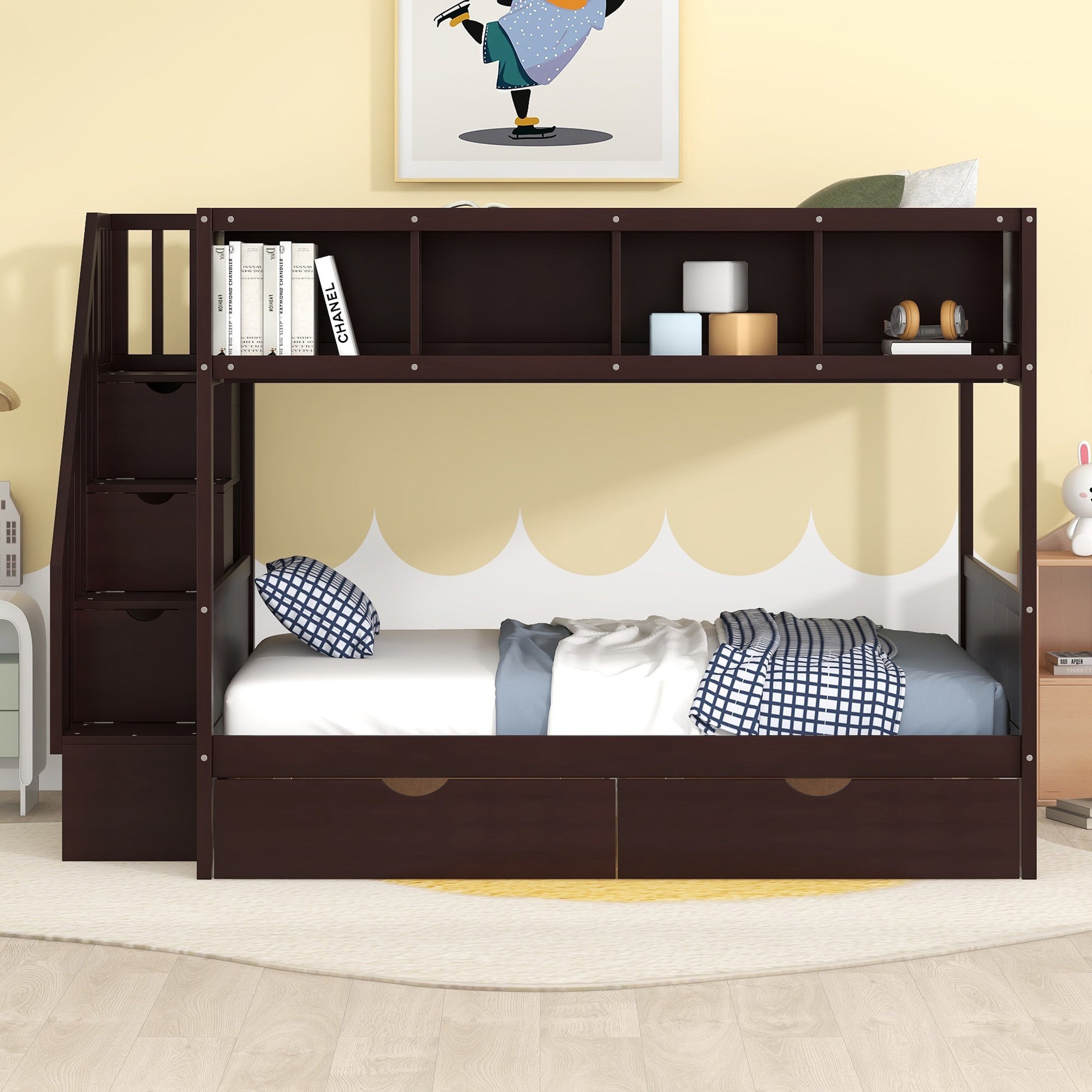 Twin over Full Bunk Bed with Shelfs - Espresso - detail view 2