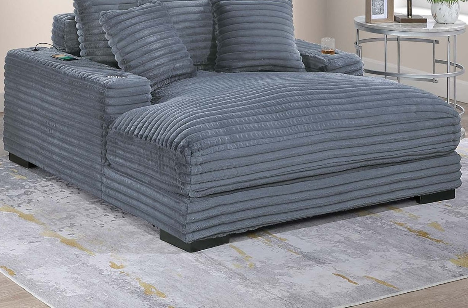 Modern Chaise Lounge W 2/ Cup Holders USB Ports Gray Color Corduroy Wooden Legs Pillows Plush Couch Sofa Chaise - detail view 6