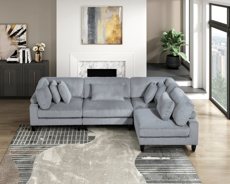 Living Room Furniture 4-Piece Modular Sectional Sofa Set Gray Corduroy Soft Cushion Pillows Solid Wood Legs - primary color shot