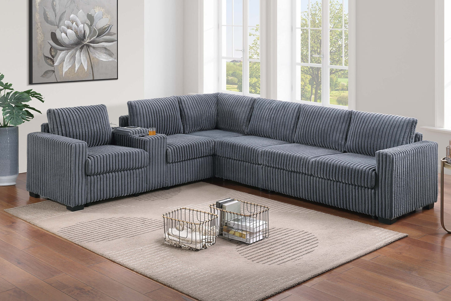 Modern Style L-Shape 4pc Sectional Set Dark Gray Finish Reversible Loveseat USB Ports Cup Holder Armless Chair Plastic Legs Corduroy Upholstered Primary - detail view 7