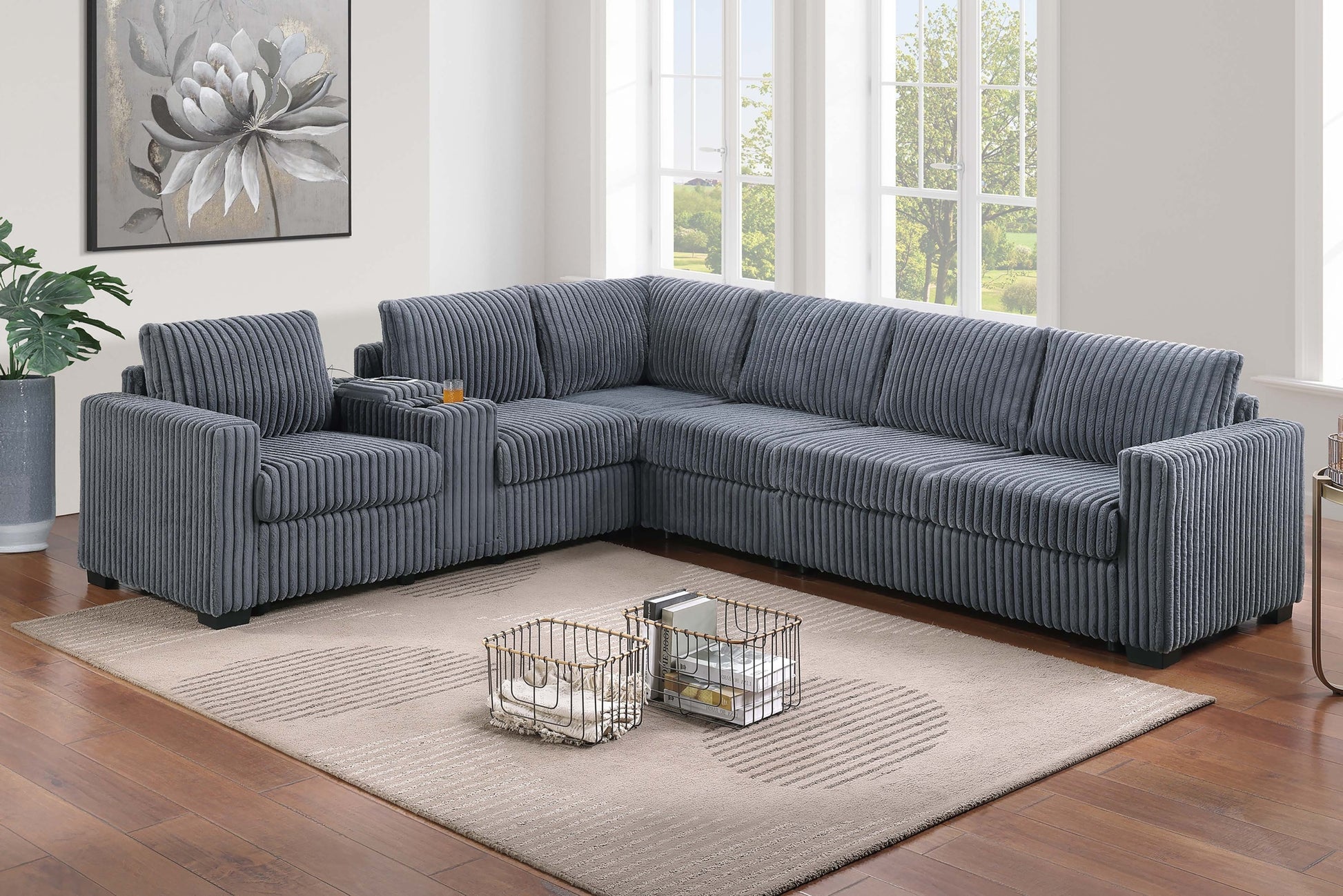 Modern Style L-Shape 4pc Sectional Set Dark Gray Finish Reversible Loveseat USB Ports Cup Holder Armless Chair Plastic Legs Corduroy Upholstered Primary - detail view 7