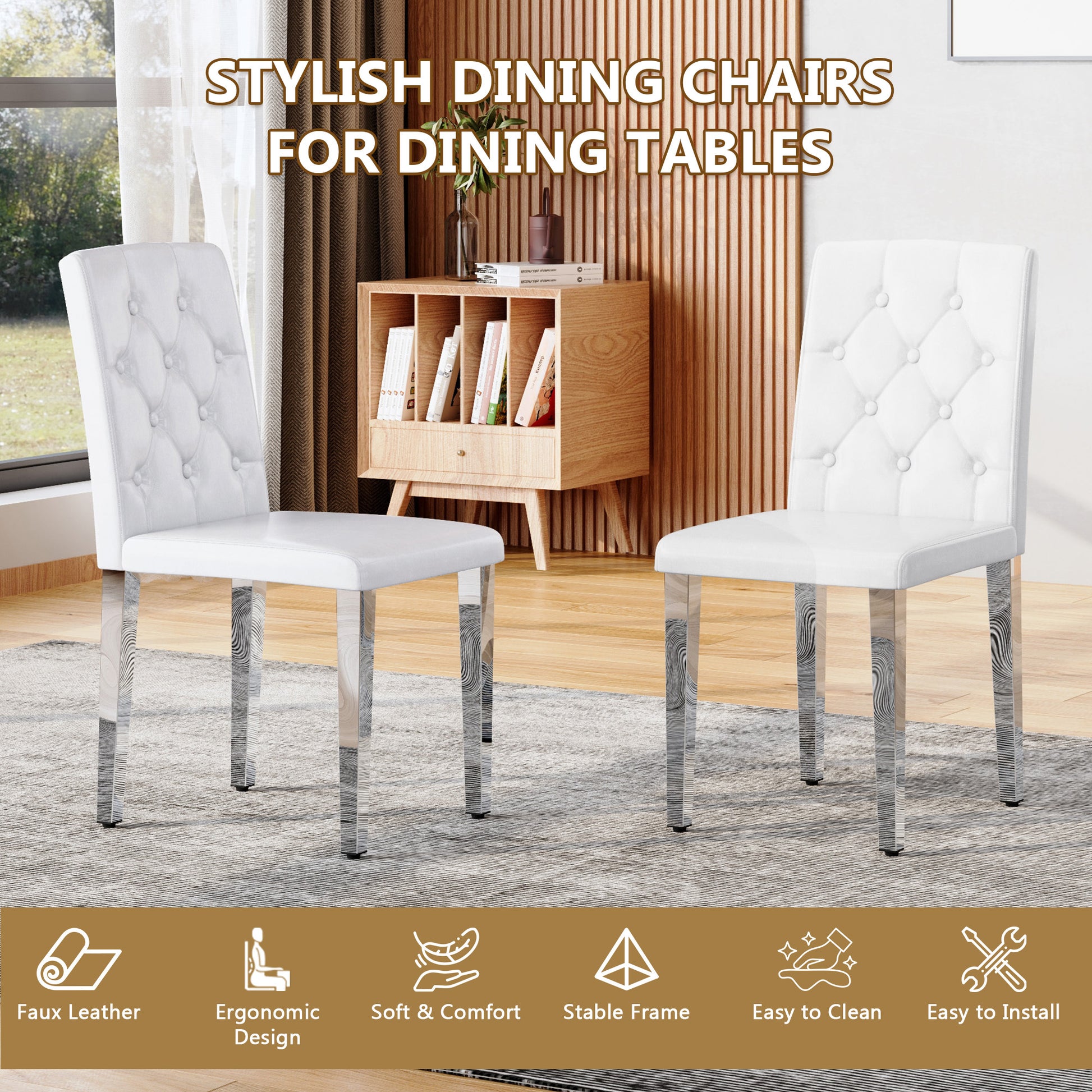 White Upholstered Fabric Dining Chairs with Silver Legs (set of 2) - detail view 4