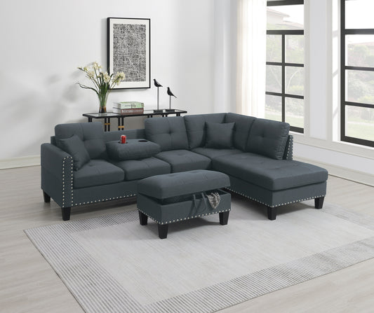 Living Room Furniture 3-PCS Sectional Sofa Set LAF Sofa RAF Chaise And Storage Ottoman Cup Holder Charcoal Color Linen-Like Fabric Couch - primary color shot