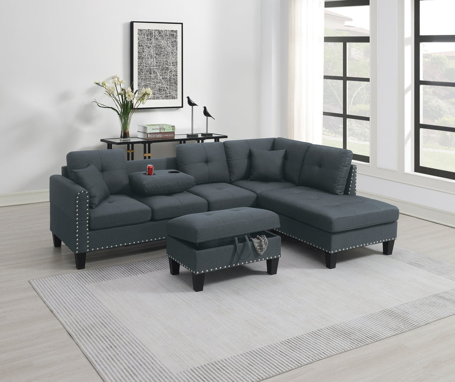 Living Room Furniture 3-PCS Sectional Sofa Set LAF Sofa RAF Chaise And Storage Ottoman Cup Holder Charcoal Color Linen-Like Fabric Couch - primary color shot