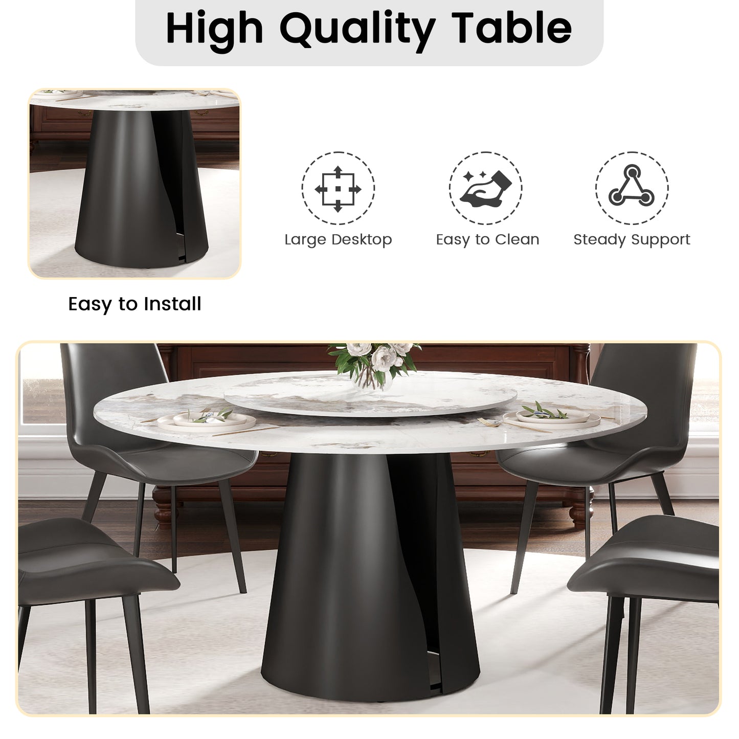59" Modern Artificial Stone Round Black Carbon Steel Base Dining Table-Can Accommodate 6-8 People - White - detail view 7
