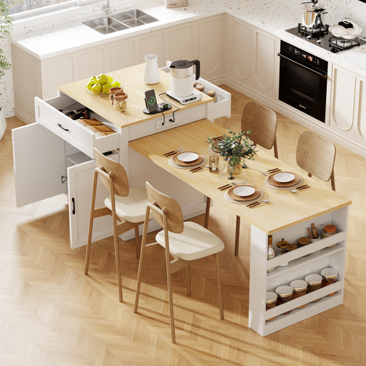 K&k 83" Kitchen Island with Extendable Dining Table for 4-6 Person - White & Oak - primary color shot