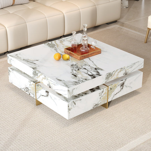 Modern Square Marble Textured Coffee table with 4 Drawers and Suspended Base, White, 43.3'