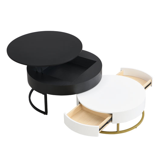 Modern Round Lift-top Nesting Coffee Tables with 2 Drawers White & Black MDF Metal Pedestal