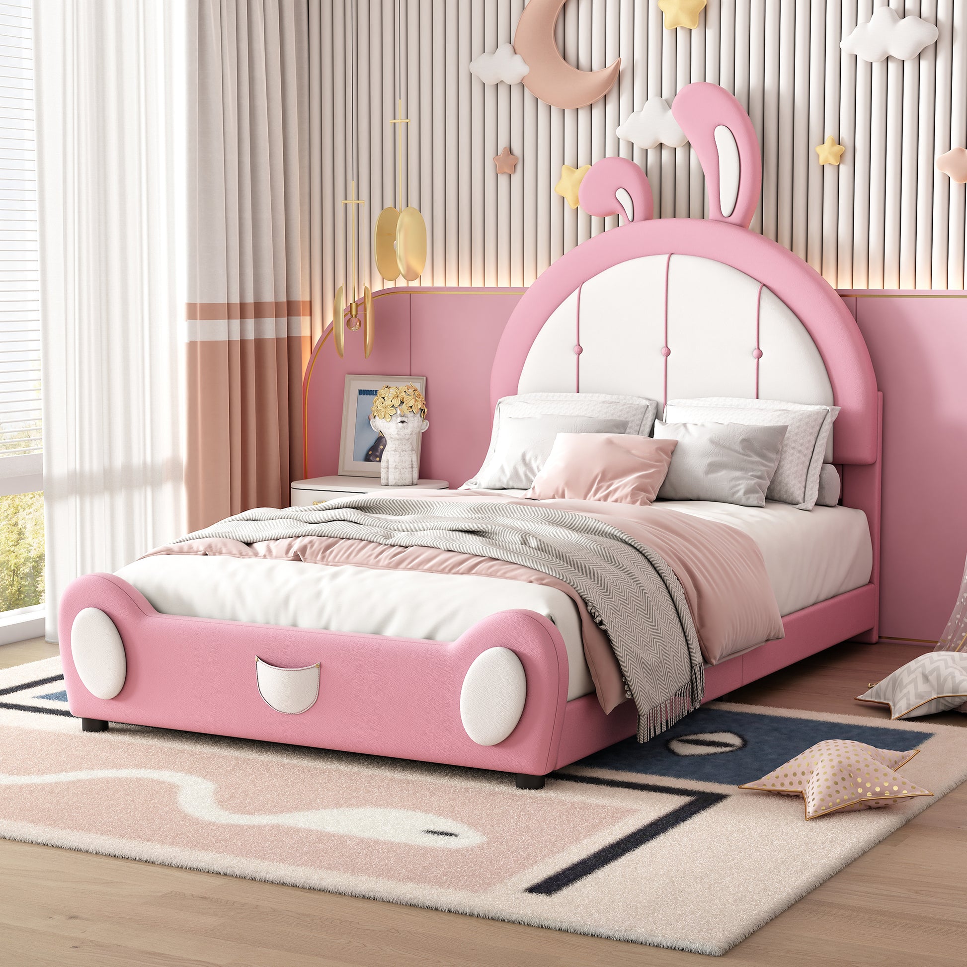 Allison Twin Size Upholstered Platform Bed with Rabbit Shaped Headboard, Pink