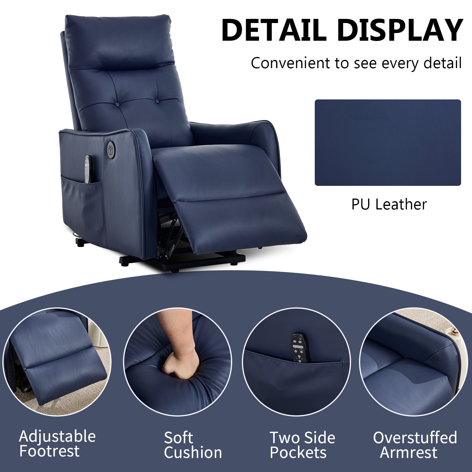 Deep Blue PU Single Motor Power Lift Recliner Chair with Massage and Heat for Elderly - detail view 8