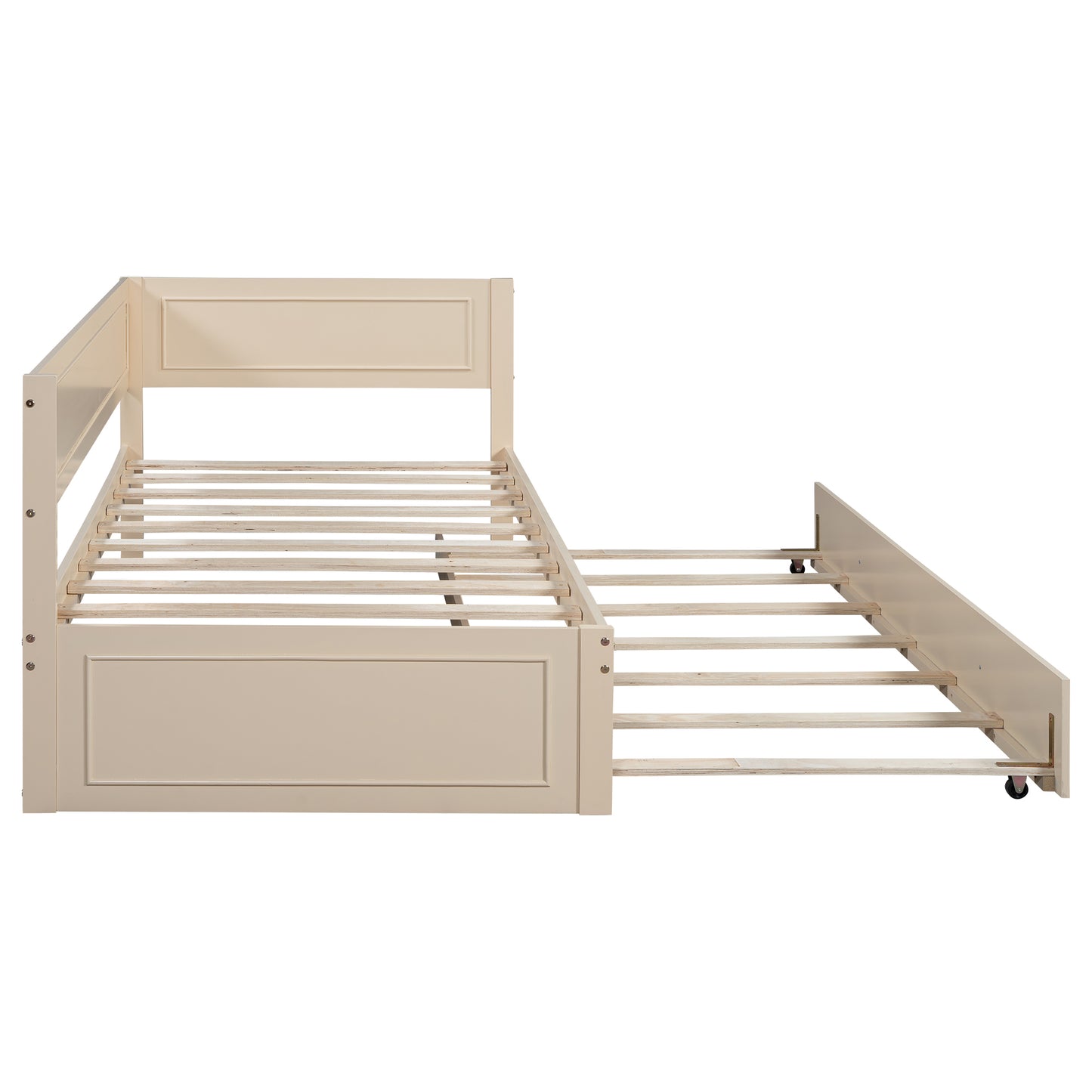 Damaris Twin Size Wood Daybed with Trundle and Guardrail, Beige