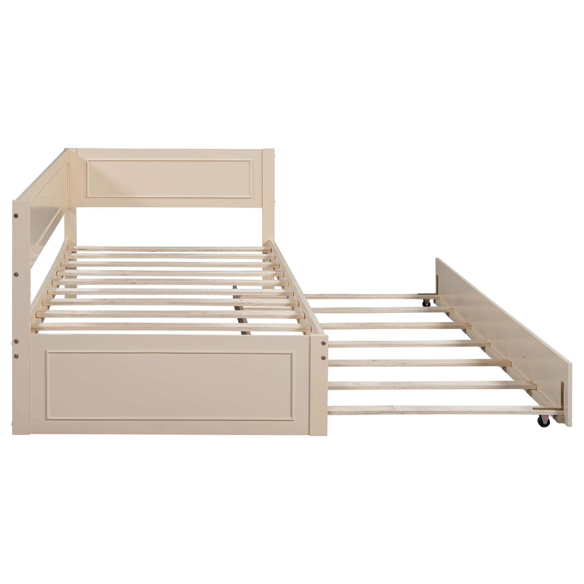 Damaris Twin Size Wood Daybed with Trundle and Guardrail, Beige
