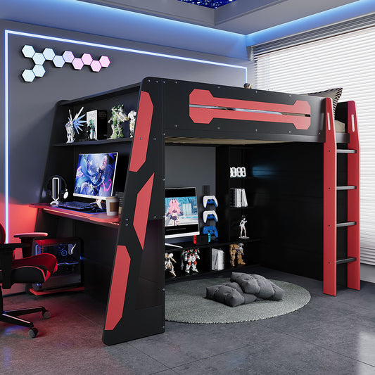 Full Size Wood Loft Bed with Desk - Red - primary color shot