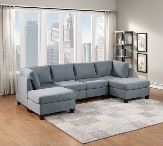 Modular Sectional 6pc Set Living Room Furniture U-Sectional Couch Grey Linen Like Fabric 2x Corner Wedge 2x Armless Chairs and 2x Ottomans - primary image