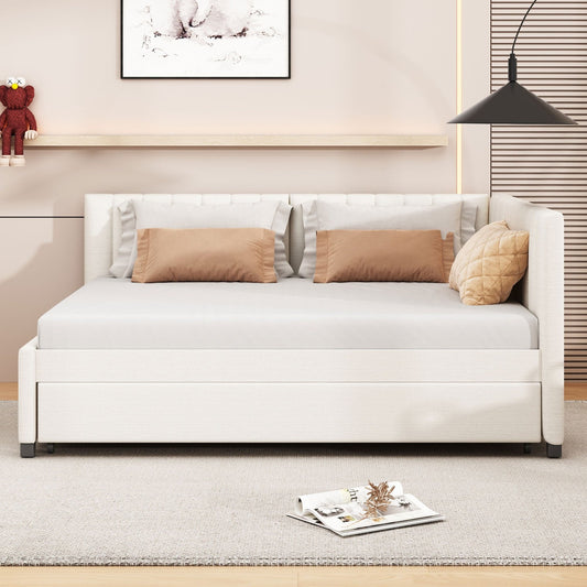 Lavinia Full Size Upholstered Daybed with Trundle, Beige