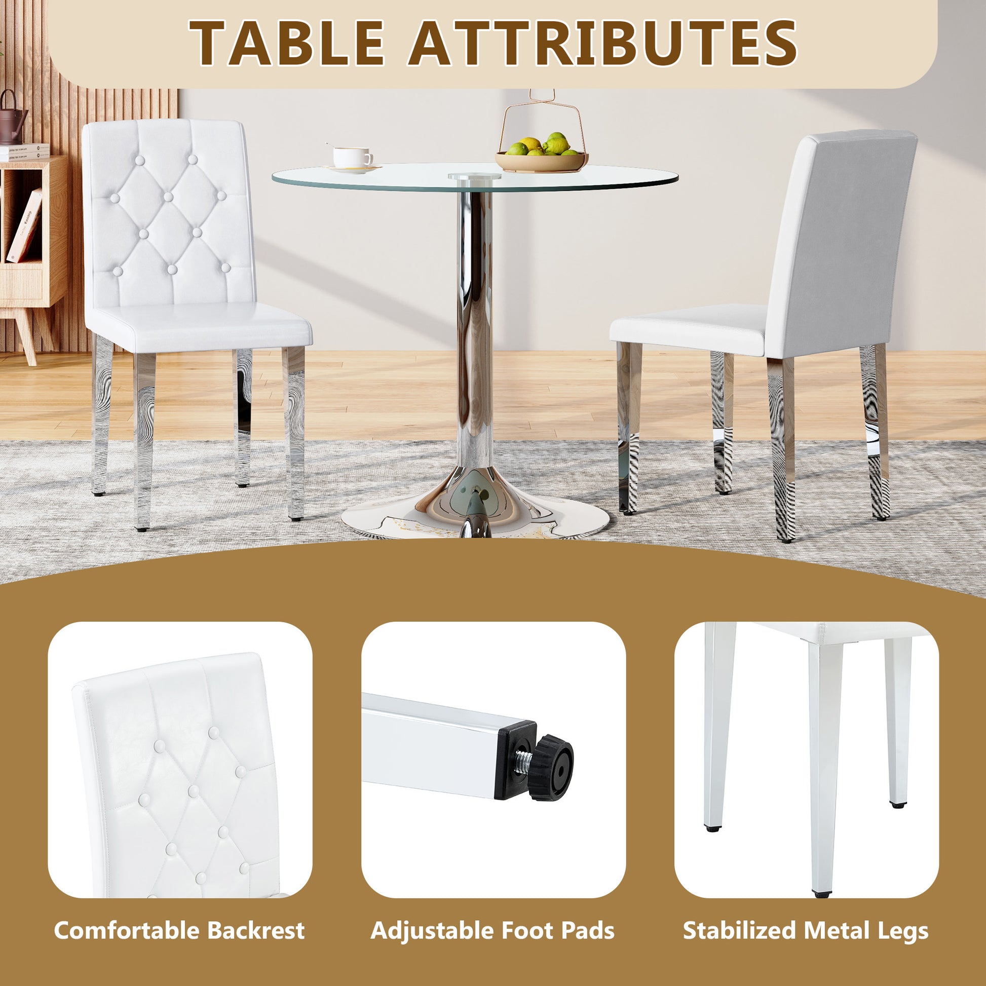 White Upholstered Fabric Dining Chairs with Silver Legs (set of 2) - detail view 6