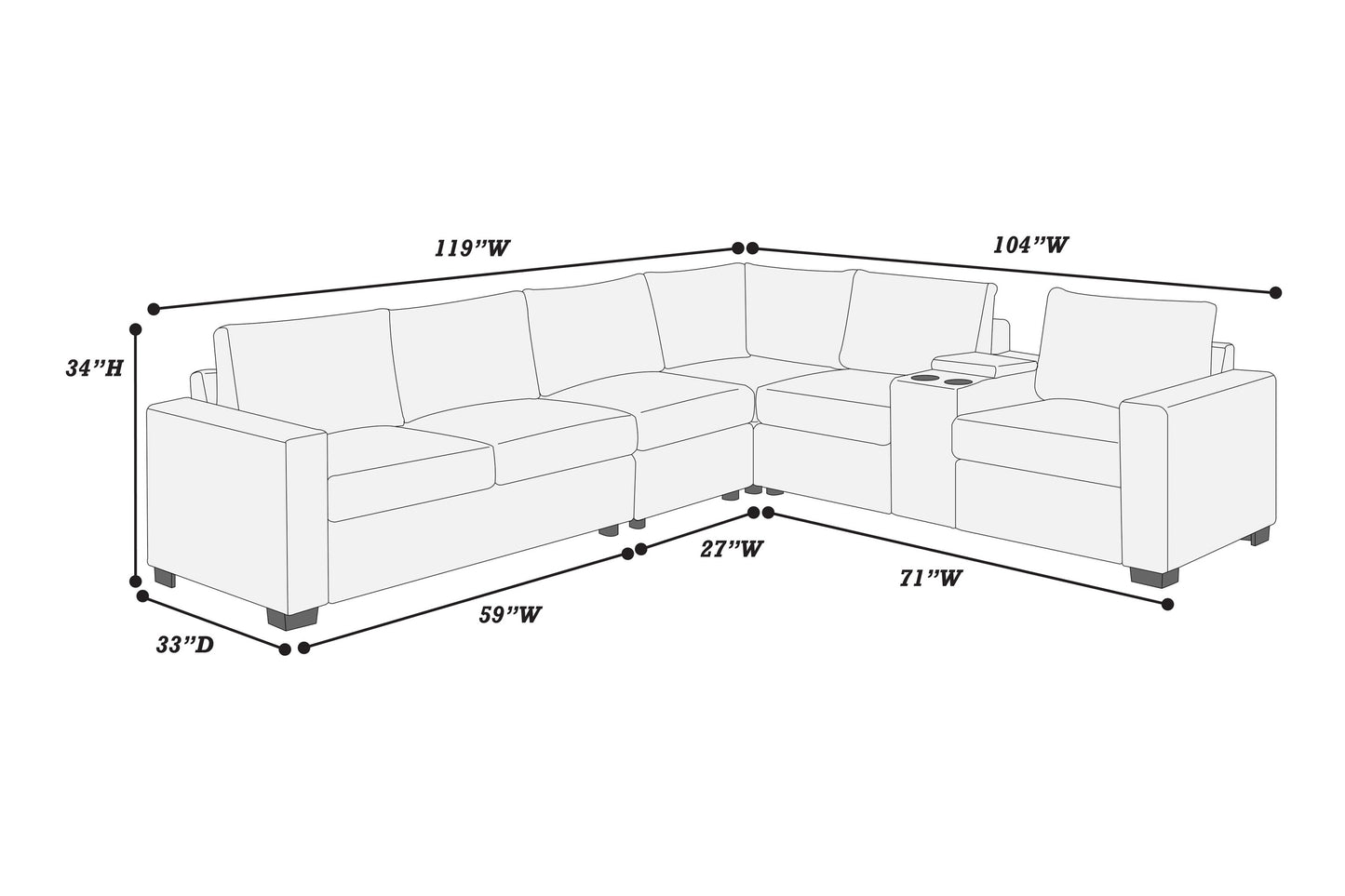 Modern Style L-Shape 4pc Sectional Set Dark Gray Finish Reversible Loveseat USB Ports Cup Holder Armless Chair Plastic Legs Corduroy Upholstered Primary - detail view 6