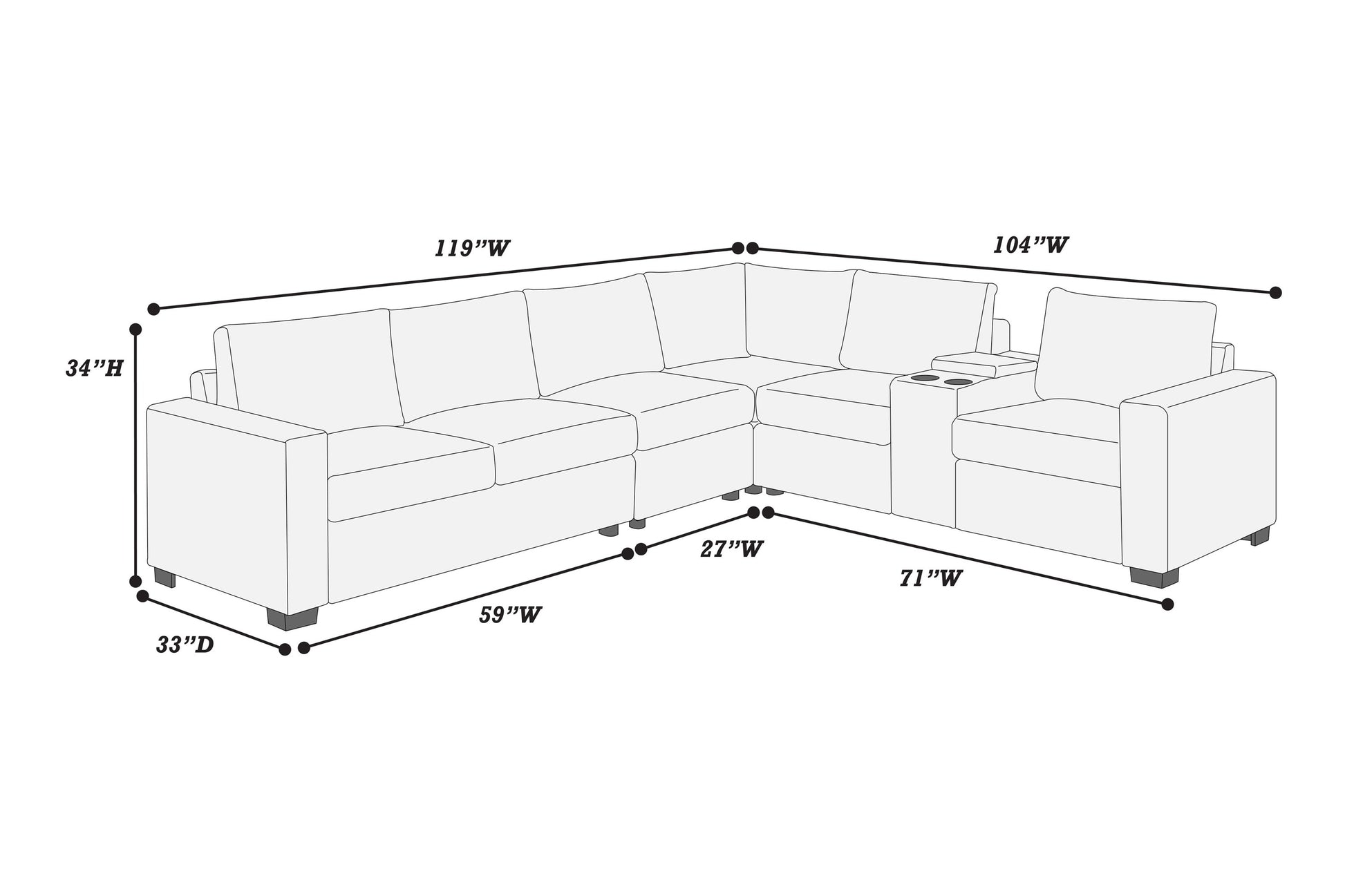 Modern Style L-Shape 4pc Sectional Set Dark Gray Finish Reversible Loveseat USB Ports Cup Holder Armless Chair Plastic Legs Corduroy Upholstered Primary - detail view 6