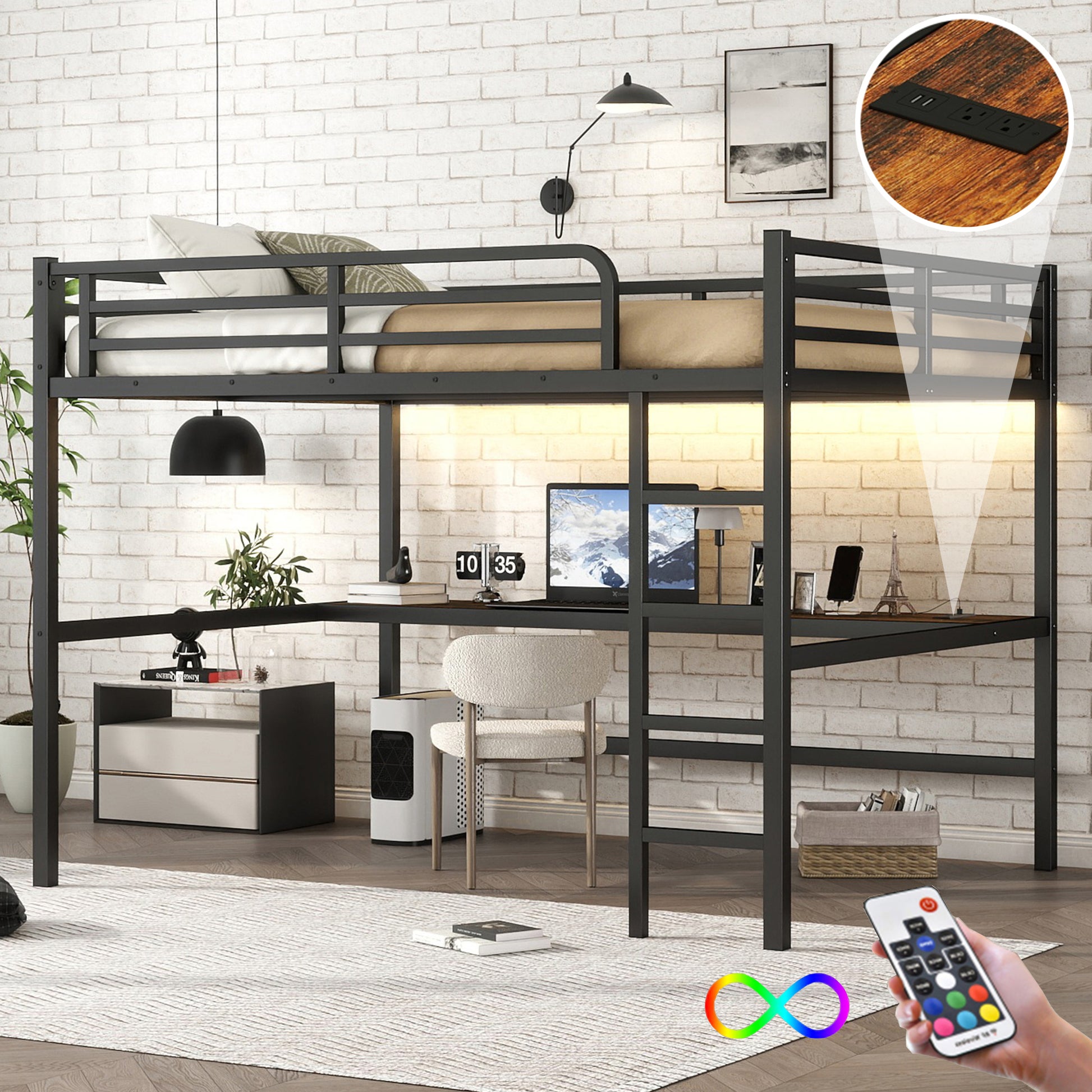 Metal Queen Size Loft Bed with Power Outlet and LED Lighted - Black - primary color shot