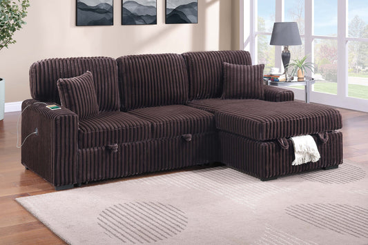 Modern Style 2pc Convertible Sectional Pull Out Sofa Fold Down Table Cup Holder USB Port Storage Chaise Matching Pillow Coffee Finish Primary - primary color shot