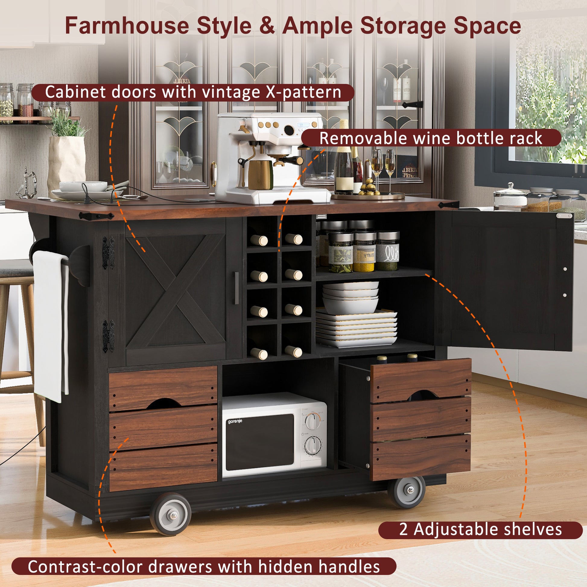 K&k 54' Farmhouse Kitchen Island with Drop Leaf - Black - detail view 5