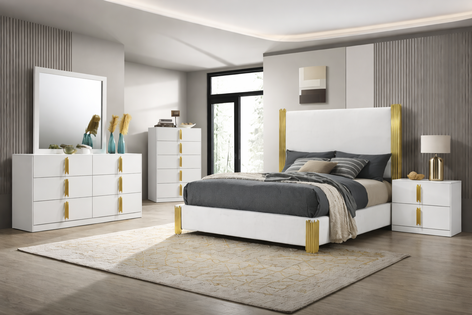 Basildon Contemporary King Upholstered Platform Bed with Gold Accents – White - Finally Home Furnishings LLC