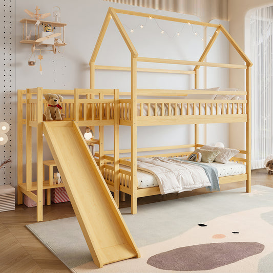 Full House-Shaped Bunk Bed with Slide - Natural - primary color shot