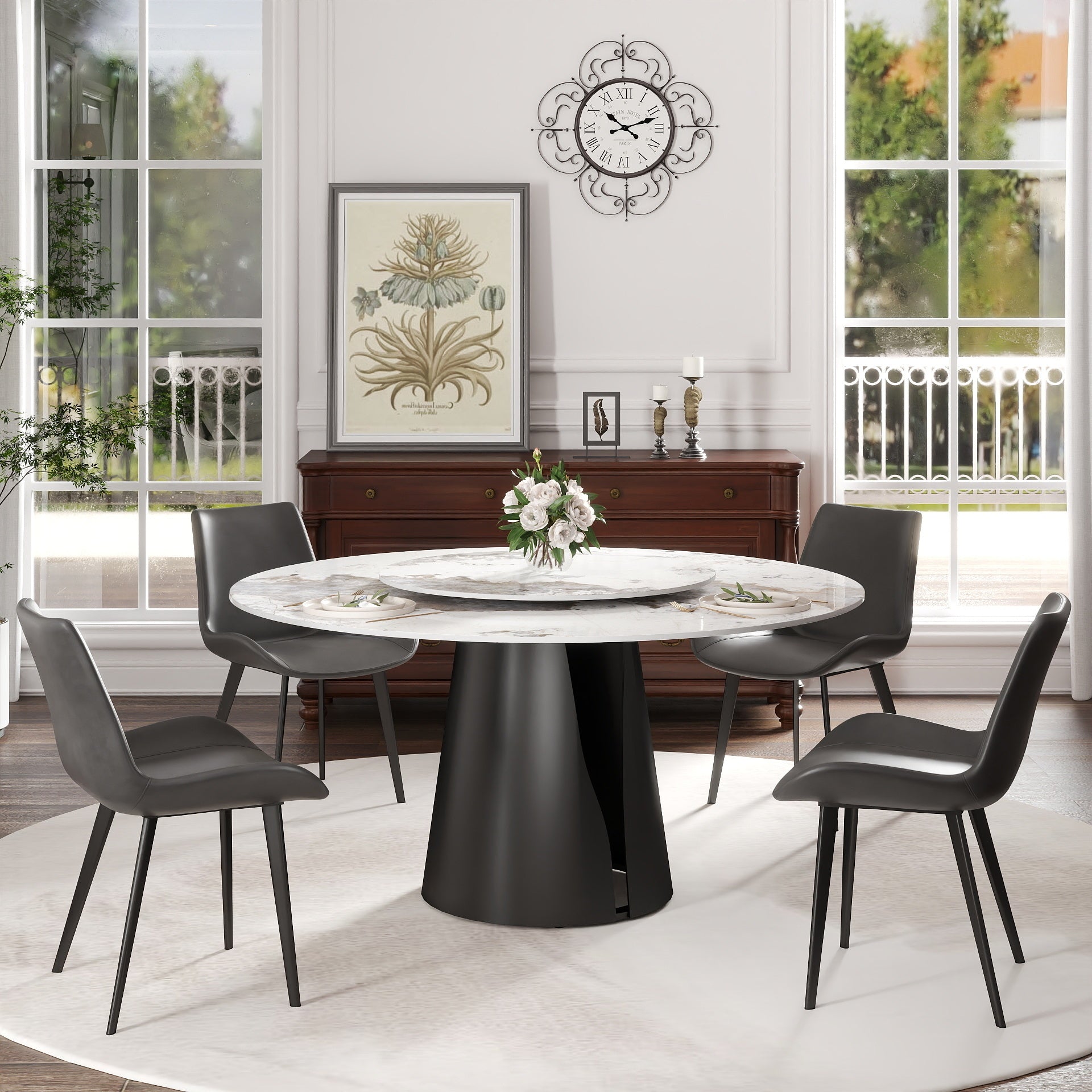 59" Modern Artificial Stone Round Black Carbon Steel Base Dining Table-Can Accommodate 6-8 People - White - primary color shot