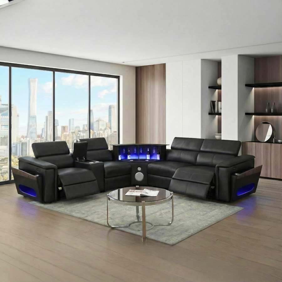 Nova Modern Style Sectional with 1 Console (Reading Light), Wedge with Bluetooth speaker, LED and Lifting wine cabinet - Black - primary image