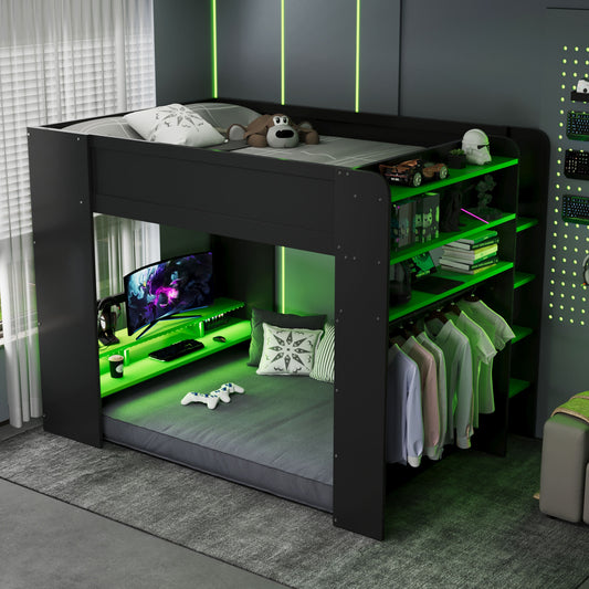 Full Size Wood Bunk Bed with Height-Adjustable Desk - Green - detail view 2
