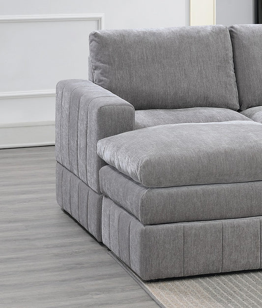 Contemporary 6pc Set Modular Sectional Set 2x One Arm Chair / Wedge 2x Armless Chairs 2x Ottomans Granite Color Morgan Fabric Plush - detail view 2