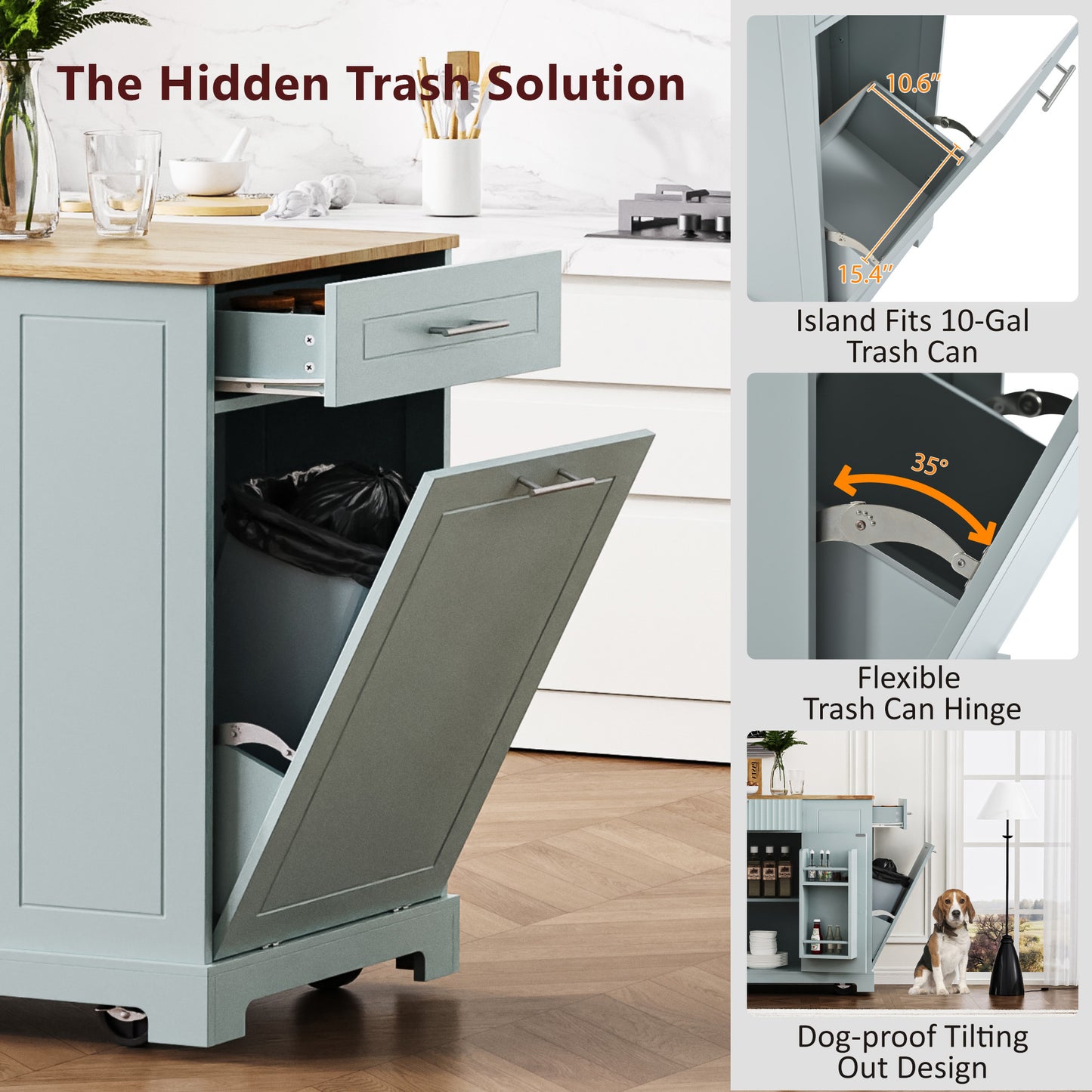 K&k Fluted Kitchen Island with Trash Can Storage Cabinet - Grey & Blue - detail view 5