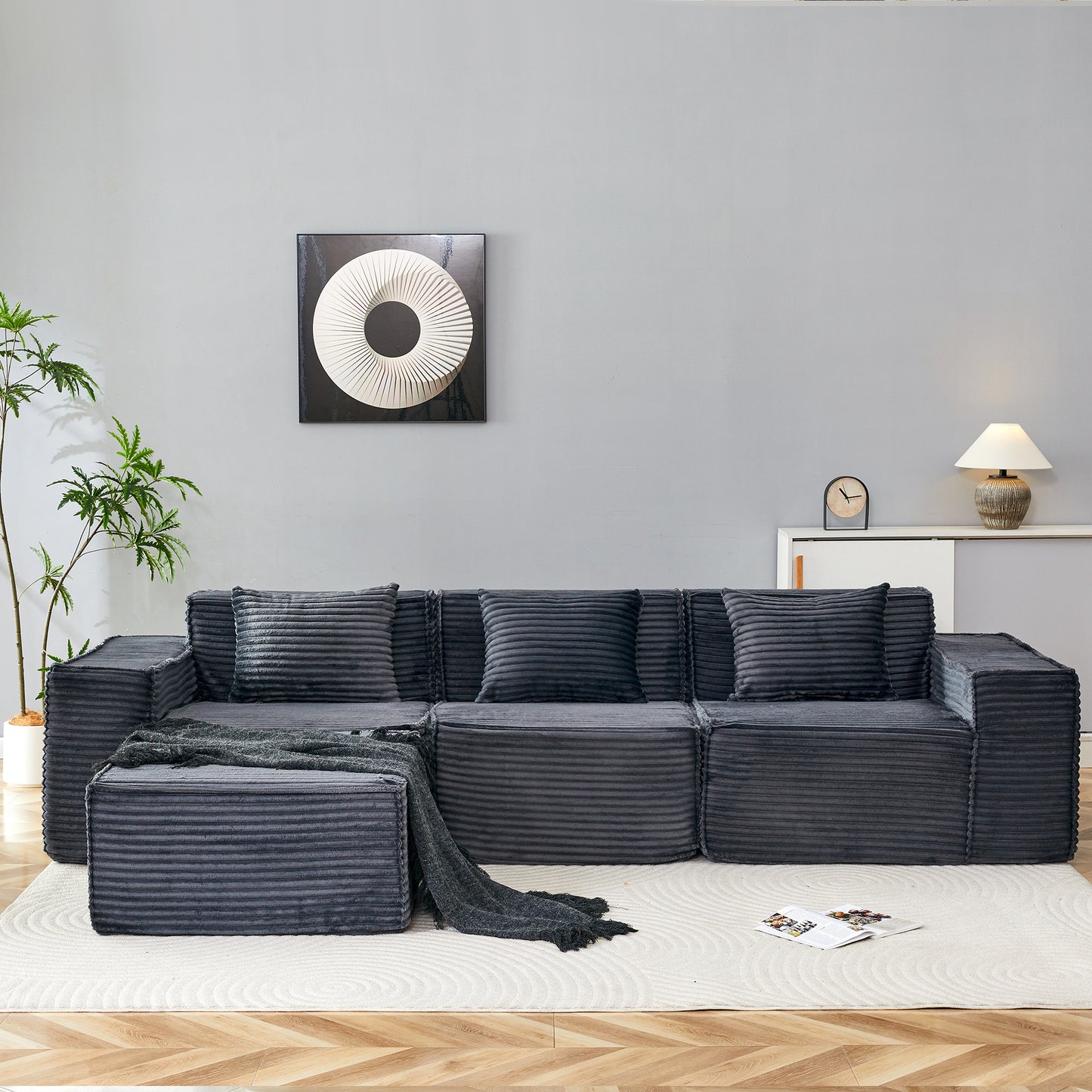 L-Shaped Modular Sectional Sofa, 3-Seater with Ottoman, Striped Corduroy Fabric, High-Density Foam For Home, Apartment, Office (Dark Gray) - detail view 3