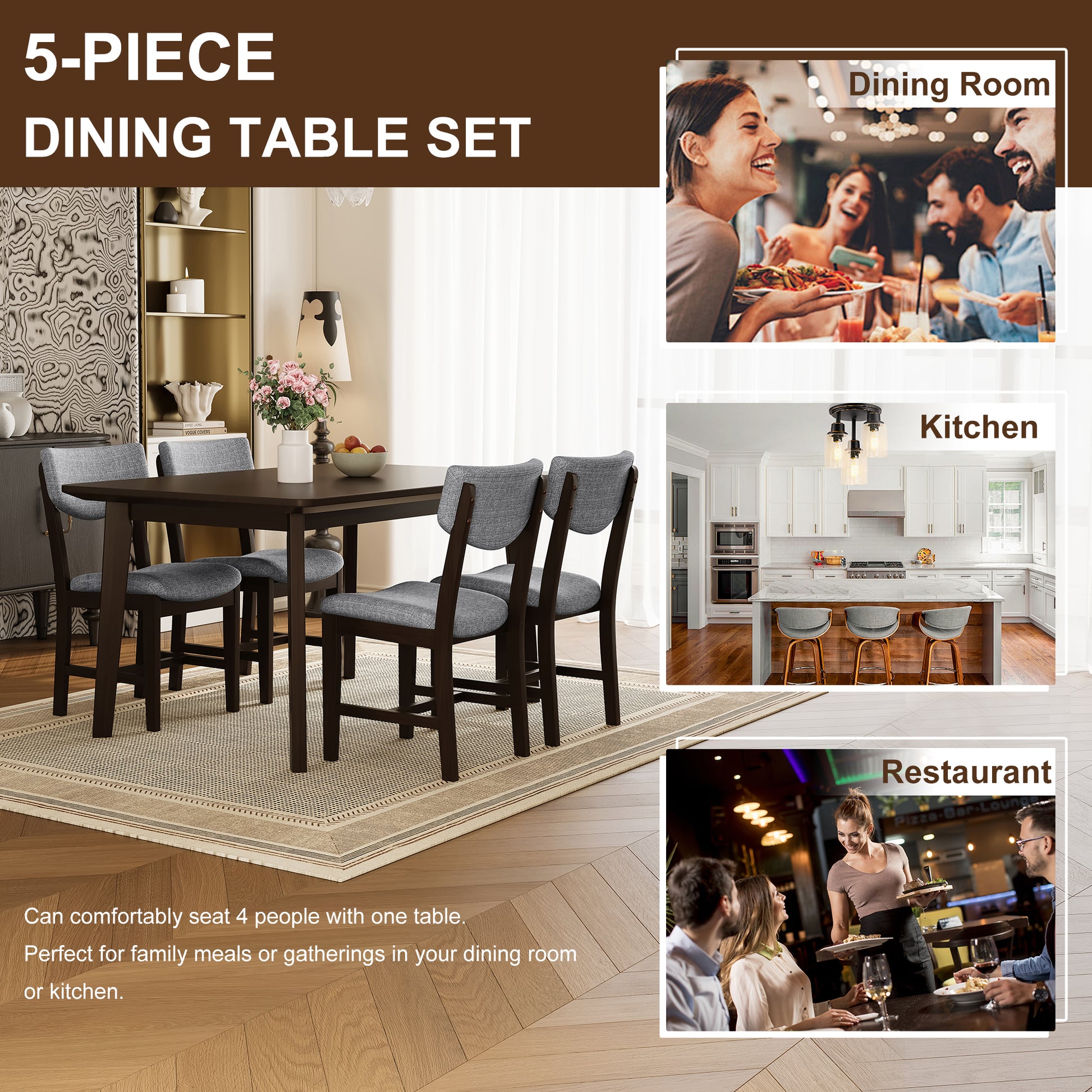 Rustic 5-Piece Dining Set - 1 Solid Wood Table + 4 Upholstered Chairs - Espresso - Gray - detail view 8