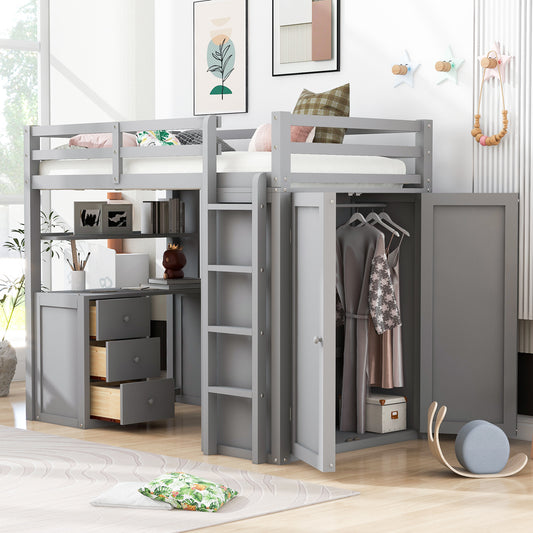 Twin Size Loft Bed with Drawers - Gray - primary color shot