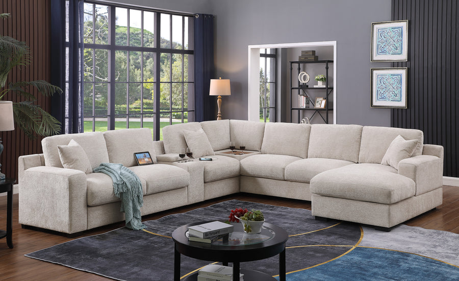 Celine 141.5' Beige Chenille Fabric Corner Sectional Sofa with Right-Facing Chaise, Cupholders, and Charging Ports - primary color shot