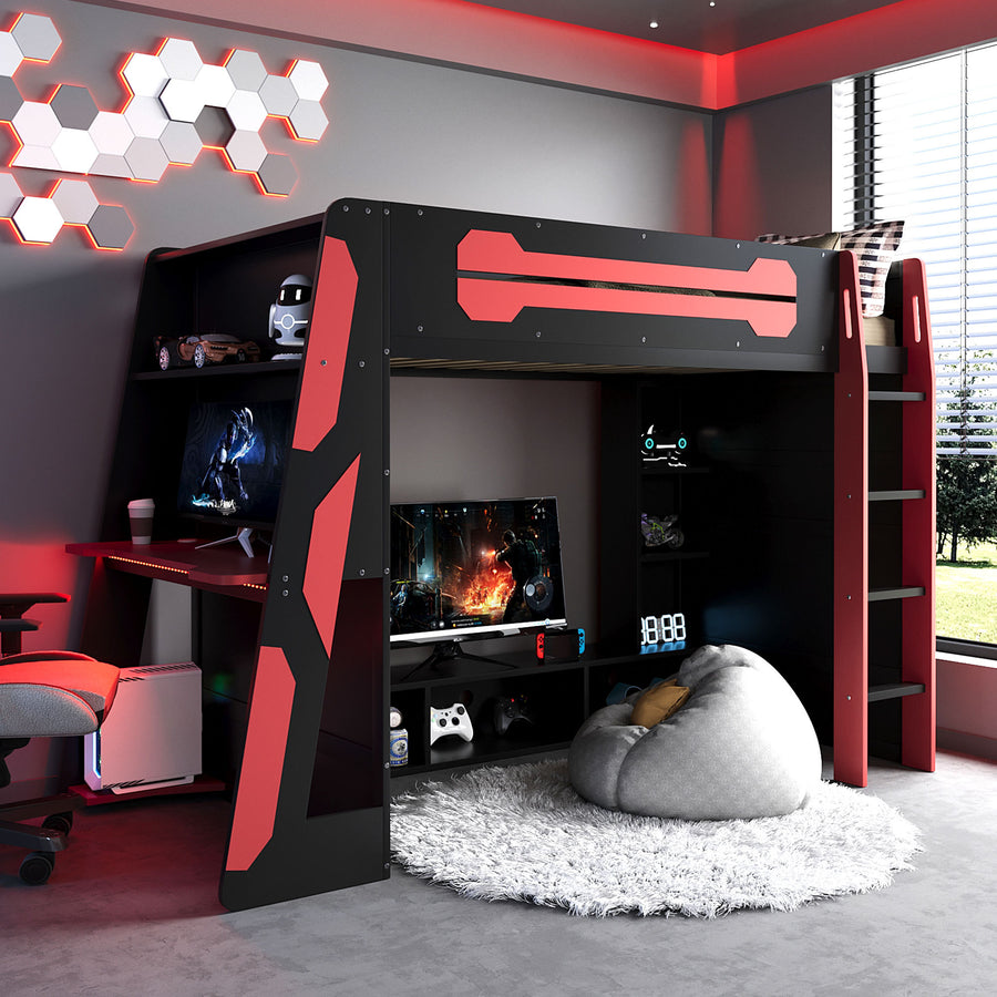Twin Size Wood Loft Bed with Desk - Red - primary color shot