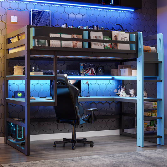 Twin Size Wood Loft Bed with Desk - Blue - primary color shot