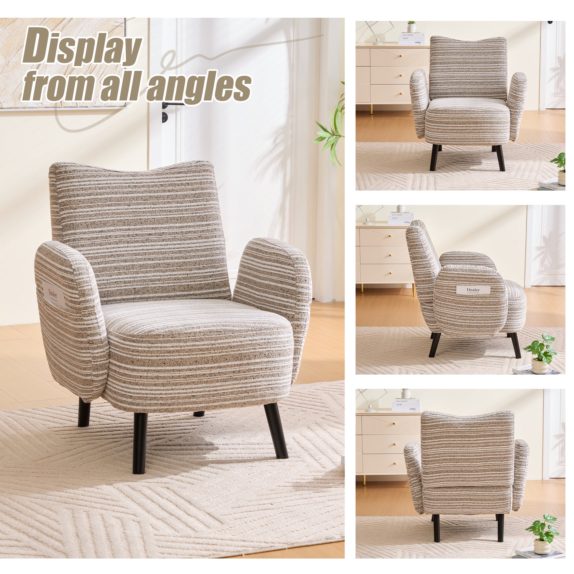 khaki Bouclé Accent Chair with Wood Legs - detail view 5