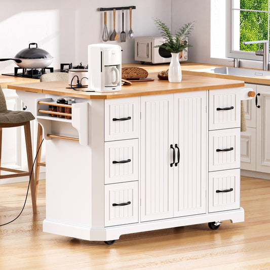 K&k 56" Kitchen Island with Rubber Wood Veneer Drop Leaf - White - detail view 2