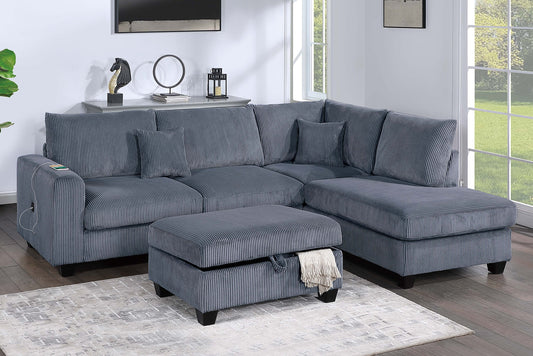 Modern Style 3pc Sectional Set USB Port Storage Ottoman Right Arm Chaise Left Arm Sofa Dark Gray Finish Primary Living Room - primary color shot