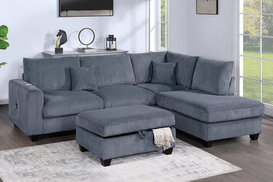 Modern Style 3pc Sectional Set USB Port Storage Ottoman Right Arm Chaise Left Arm Sofa Dark Gray Finish Primary Living Room - primary color shot